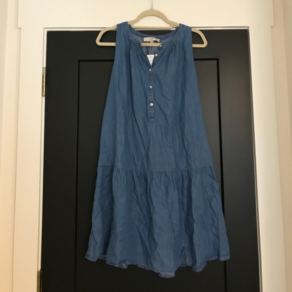 Nwt New Loft Chambray Dress Large Drop Waist Peplum - Picture 2 of 5